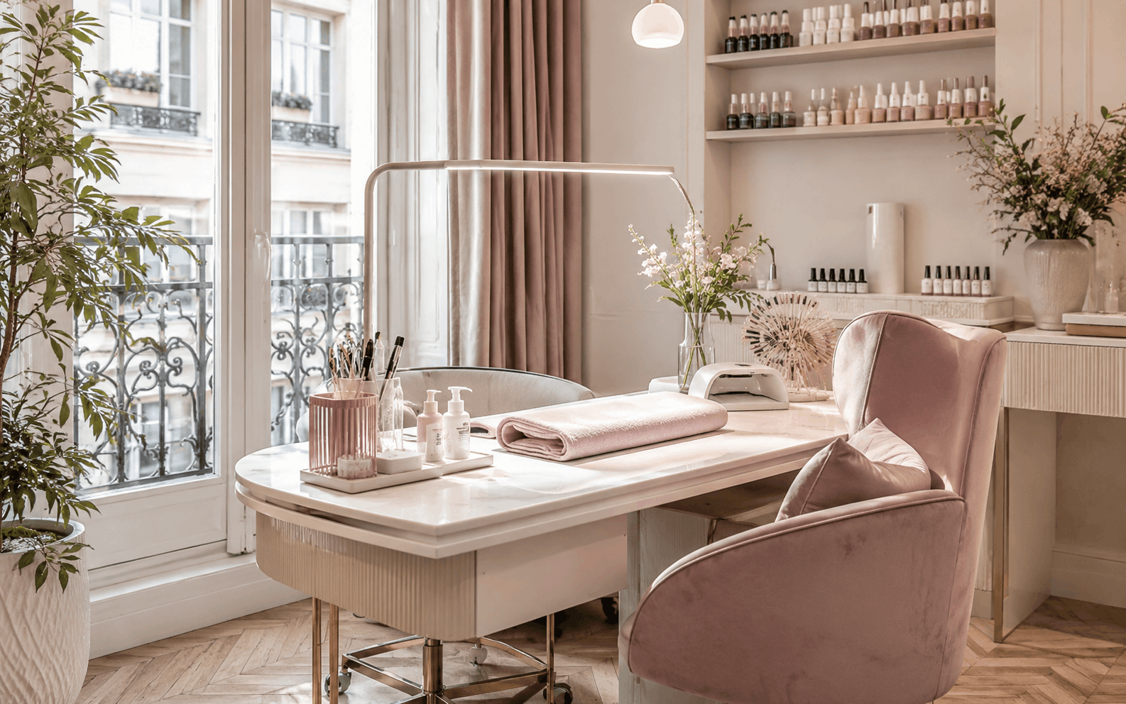 Poste de manucure lumineux dans un salon parisien